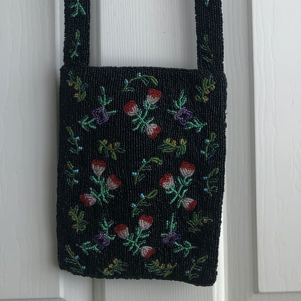 Vintage & Unique Christiana Small Black Beaded Shoulder Bag